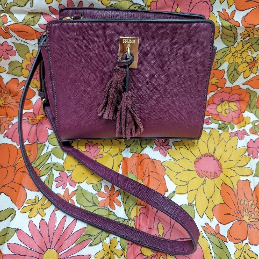 Prüne Faux Saffiano Leather Crossbody Bag with tassel detail Purple